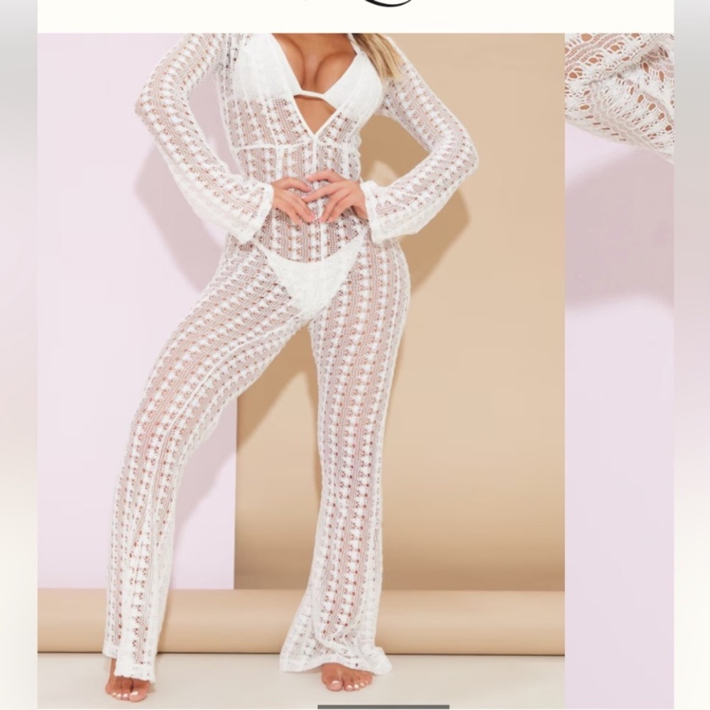 PrettyLittleThing Beach White Crochet Jumpsuit NWT - Picture 5 of 15